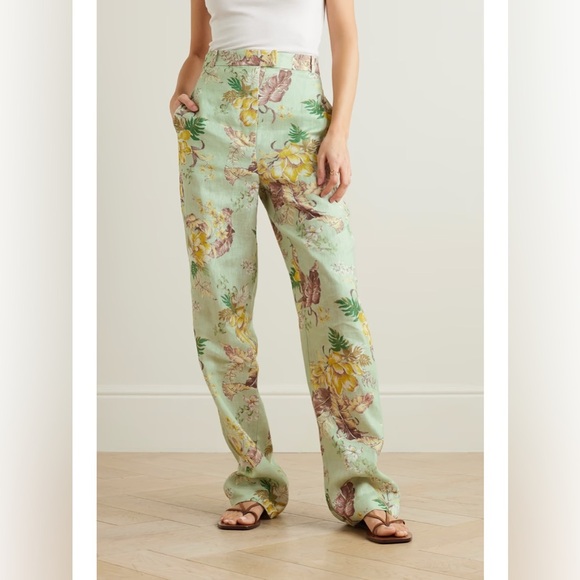 NWT Zimmermann Matchmaker Linen Straight Trouser Pants Mint Tropical Floral - Picture 3 of 14